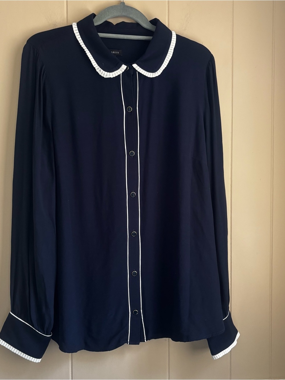 Talbots Navy Blue Viscose Blouse XL Pleated Peter Pan Collar White Piping Trim